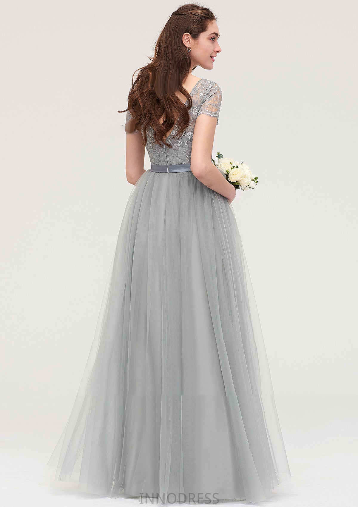 Bateau Short Sleeve Long/Floor-Length Tulle A-line/Princess Bridesmaid Dresses With Sashes Lace Ariana DPP0025482