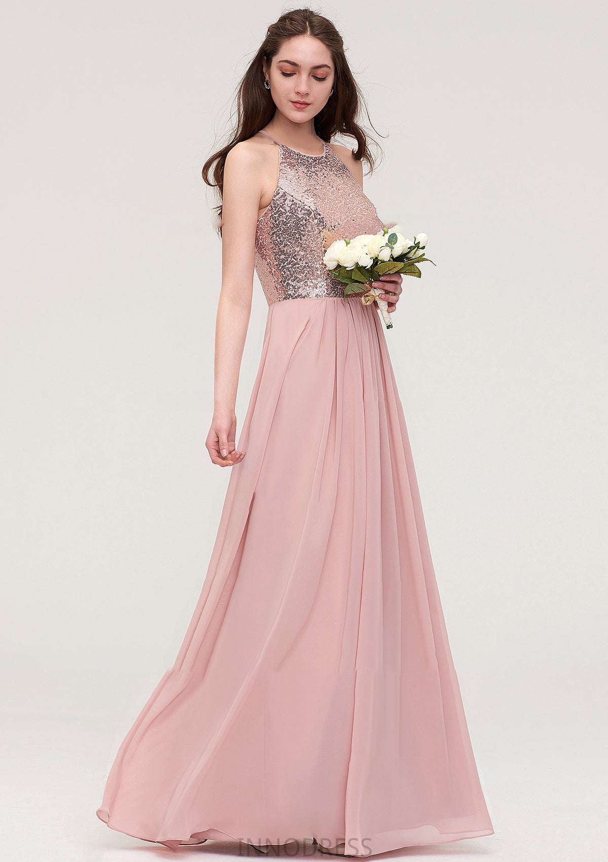 Sleeveless Bateau Long/Floor-Length Chiffon A-line/Princess Bridesmaid Dresses With Sequins Peggie DPP0025484