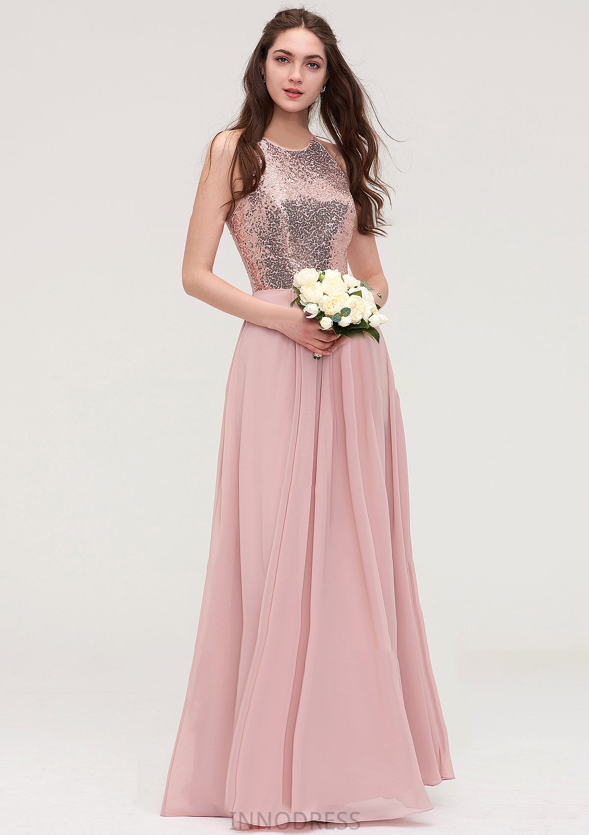 Sleeveless Bateau Long/Floor-Length Chiffon A-line/Princess Bridesmaid Dresses With Sequins Peggie DPP0025484