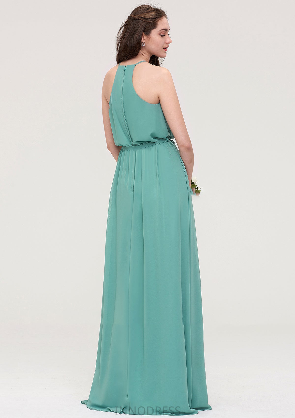 High-Neck Sleeveless Long/Floor-Length Chiffon A-line/Princess Bridesmaid Dresses With Sashes Tabitha DPP0025485