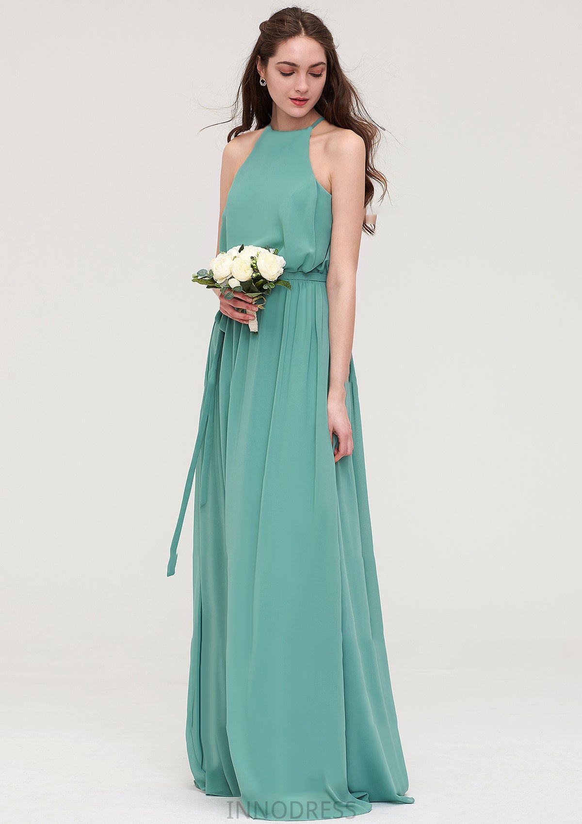 High-Neck Sleeveless Long/Floor-Length Chiffon A-line/Princess Bridesmaid Dresses With Sashes Tabitha DPP0025485