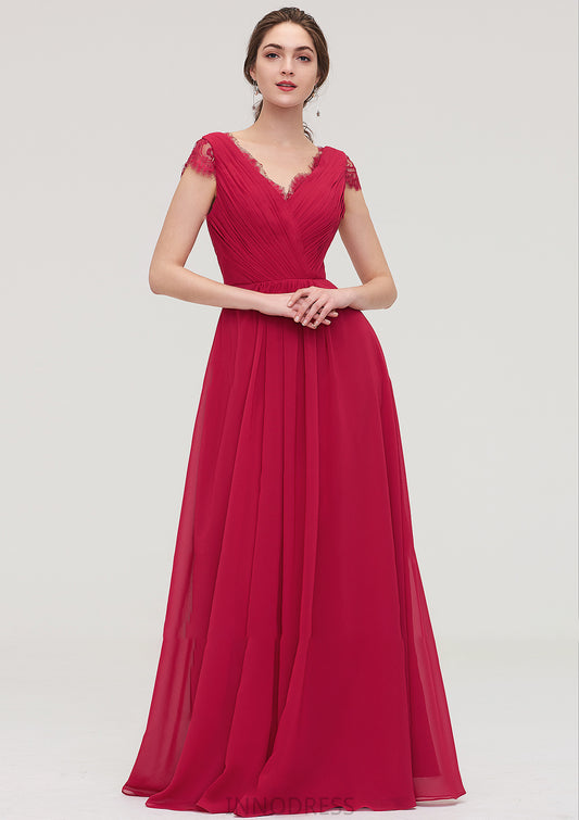 Sleeveless V Neck Long/Floor-Length Chiffon A-line/Princess Bridesmaid Dresses With Lace Pleated Selena DPP0025486