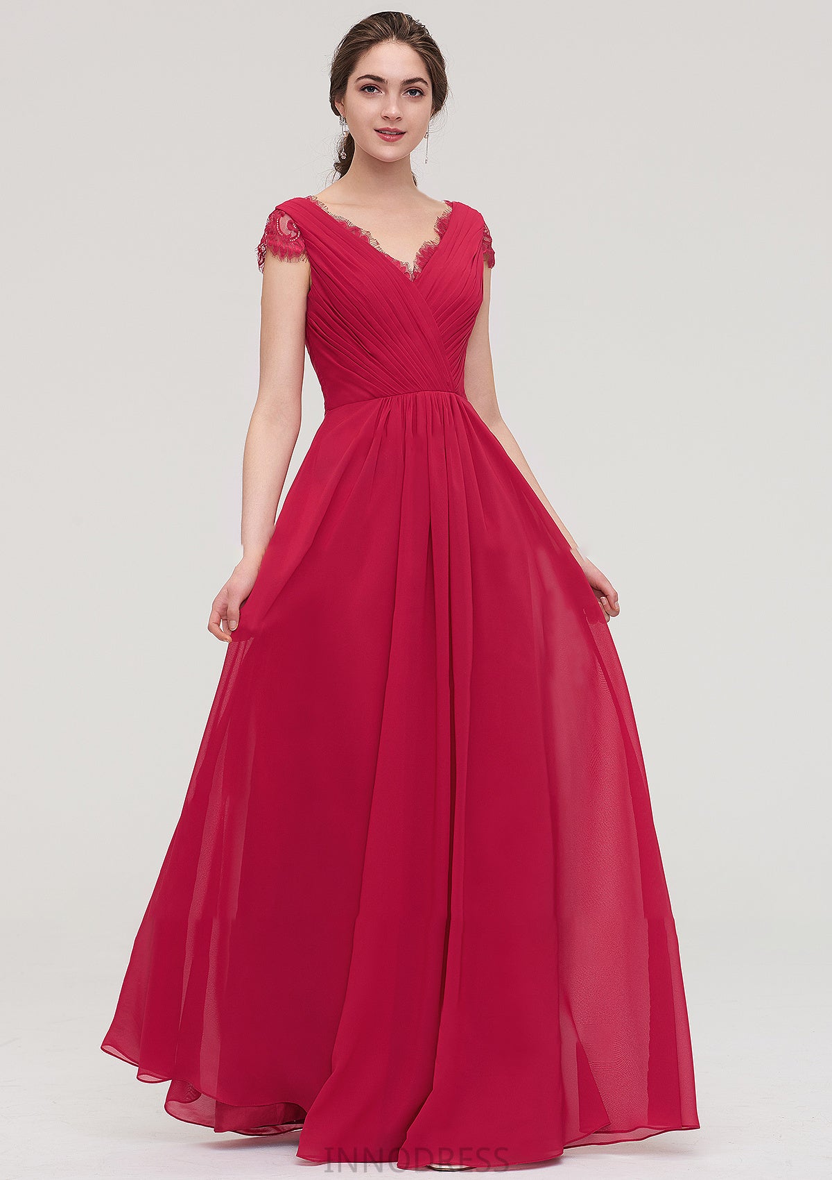 Sleeveless V Neck Long/Floor-Length Chiffon A-line/Princess Bridesmaid Dresses With Lace Pleated Selena DPP0025486