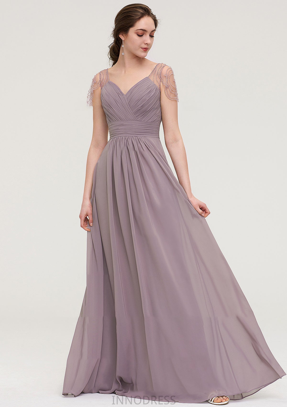 Short Sleeve Sweetheart Long/Floor-Length Chiffon A-line/Princess Bridesmaid Dresses With Pleated Beading Tatiana DPP0025487