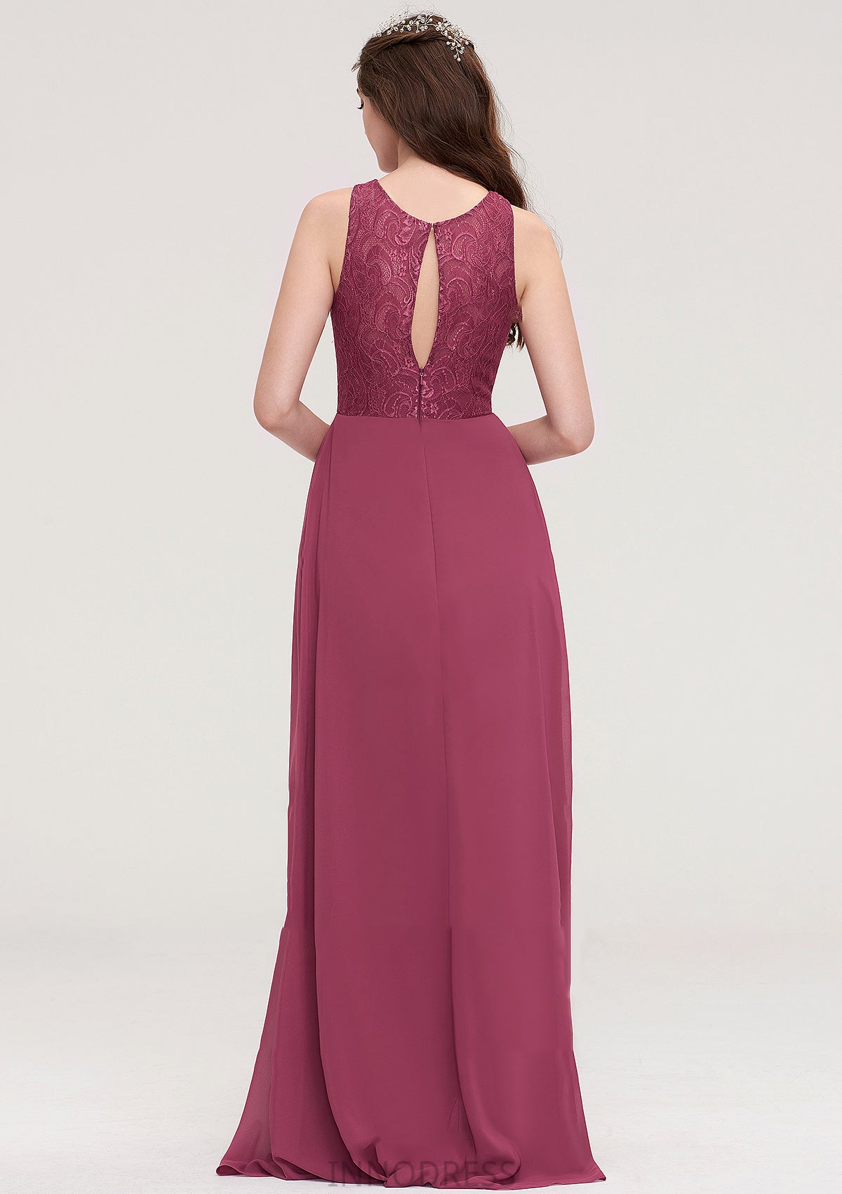 Bateau Sleeveless Long/Floor-Length Chiffon A-line/Princess Bridesmaid Dresses With Lace Pleated Amira DPP0025488