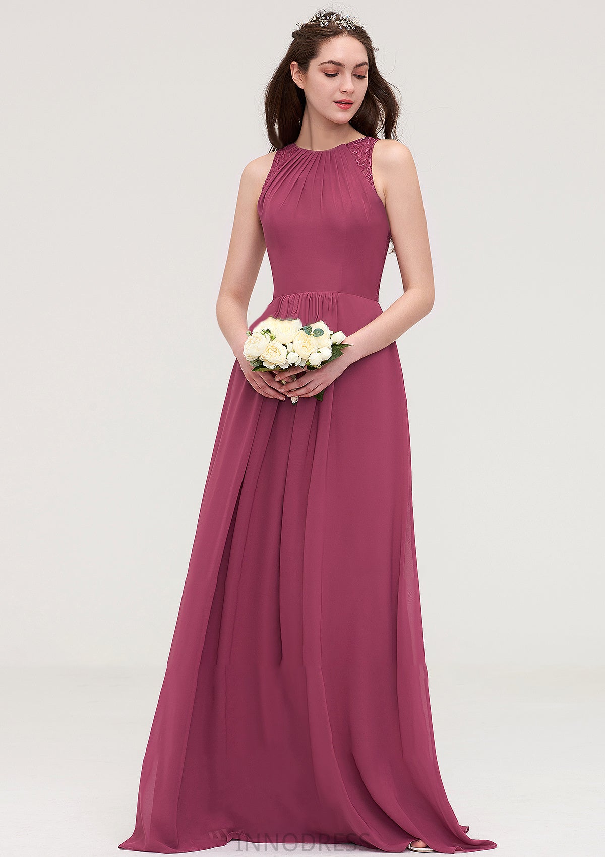 Bateau Sleeveless Long/Floor-Length Chiffon A-line/Princess Bridesmaid Dresses With Lace Pleated Amira DPP0025488