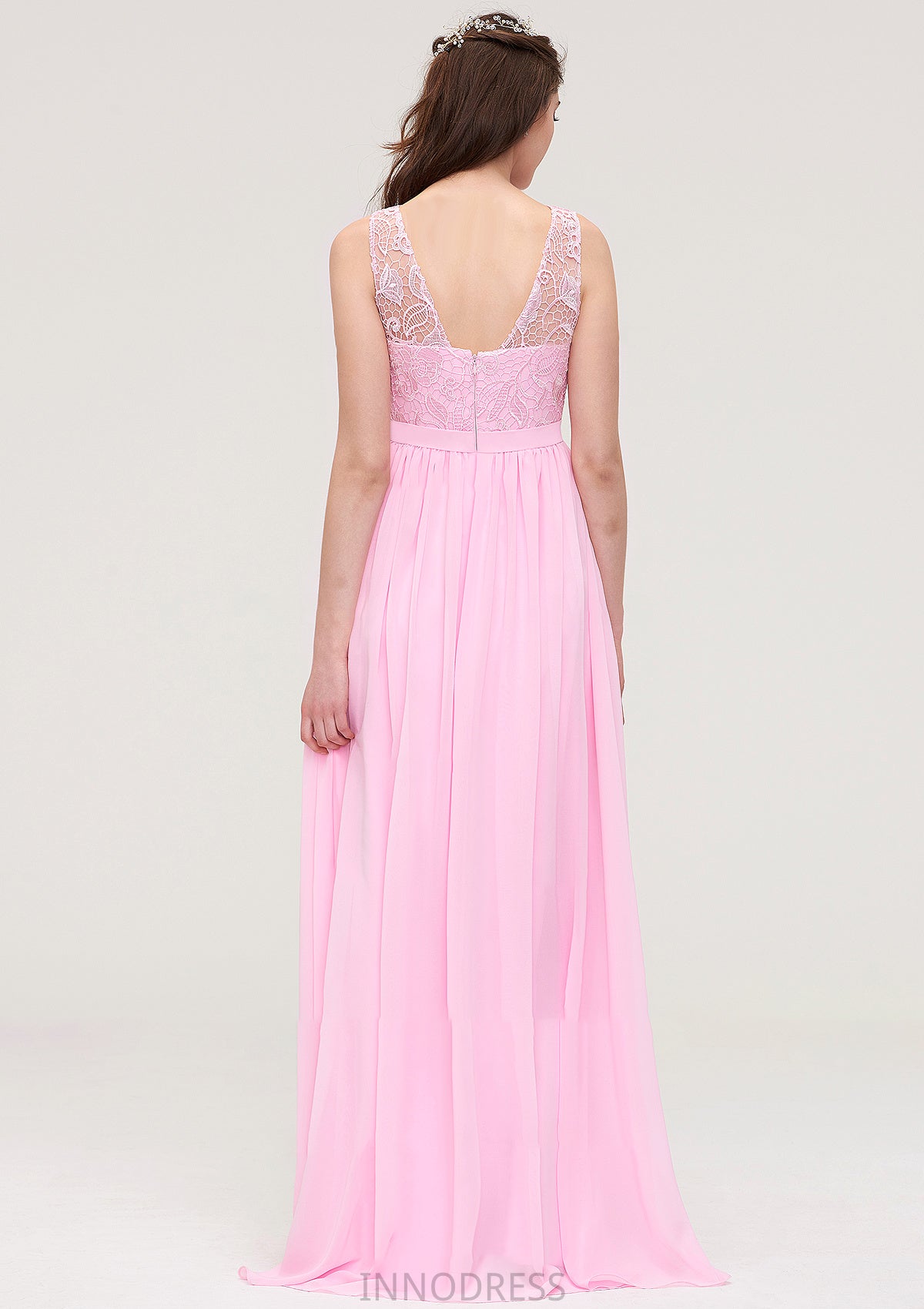 Bateau Sleeveless Long/Floor-Length Chiffon A-line/Princess Bridesmaid Dresses With Lace Logan DPP0025489