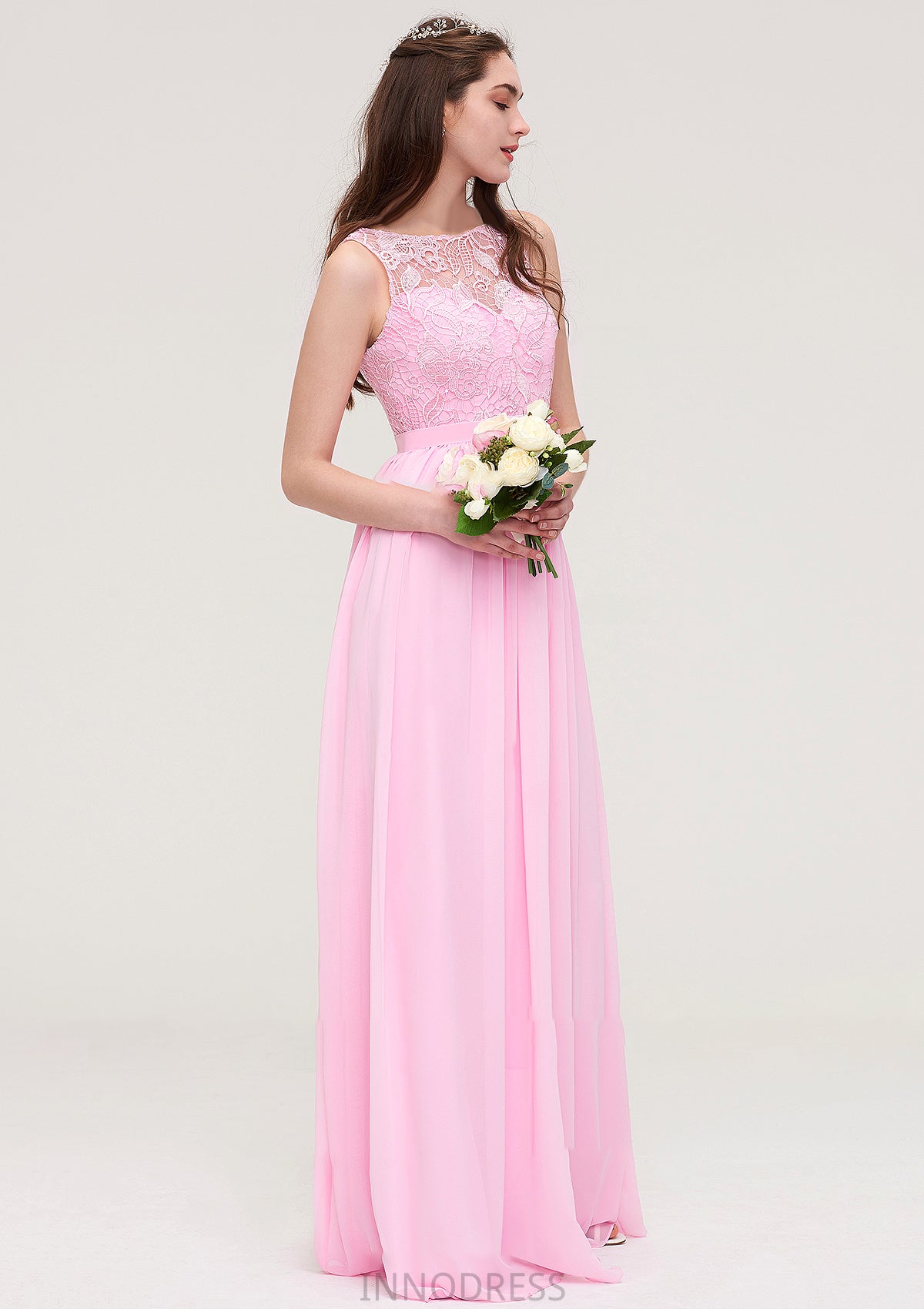 Bateau Sleeveless Long/Floor-Length Chiffon A-line/Princess Bridesmaid Dresses With Lace Logan DPP0025489