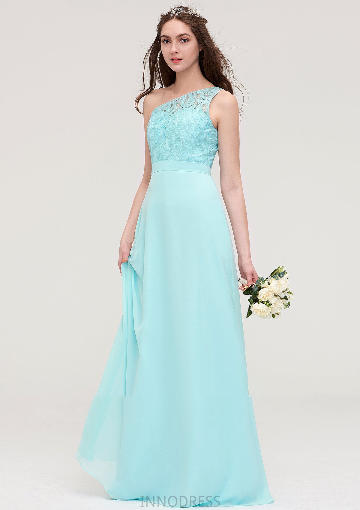 One-Shoulder Sleeveless Long/Floor-Length Chiffon A-line/Princess Bridesmaid Dresses With Lace Tiana DPP0025491