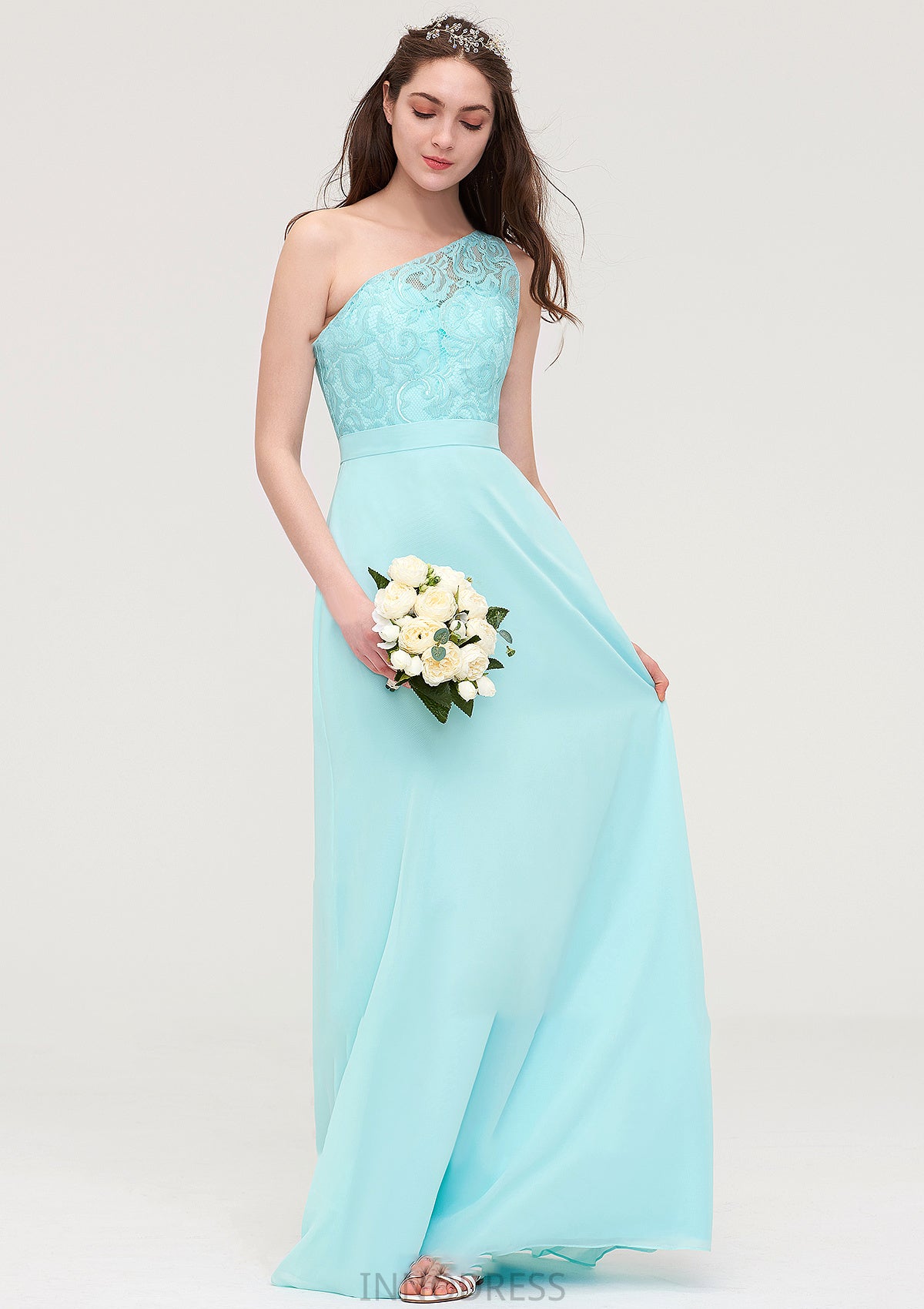 One-Shoulder Sleeveless Long/Floor-Length Chiffon A-line/Princess Bridesmaid Dresses With Lace Tiana DPP0025491