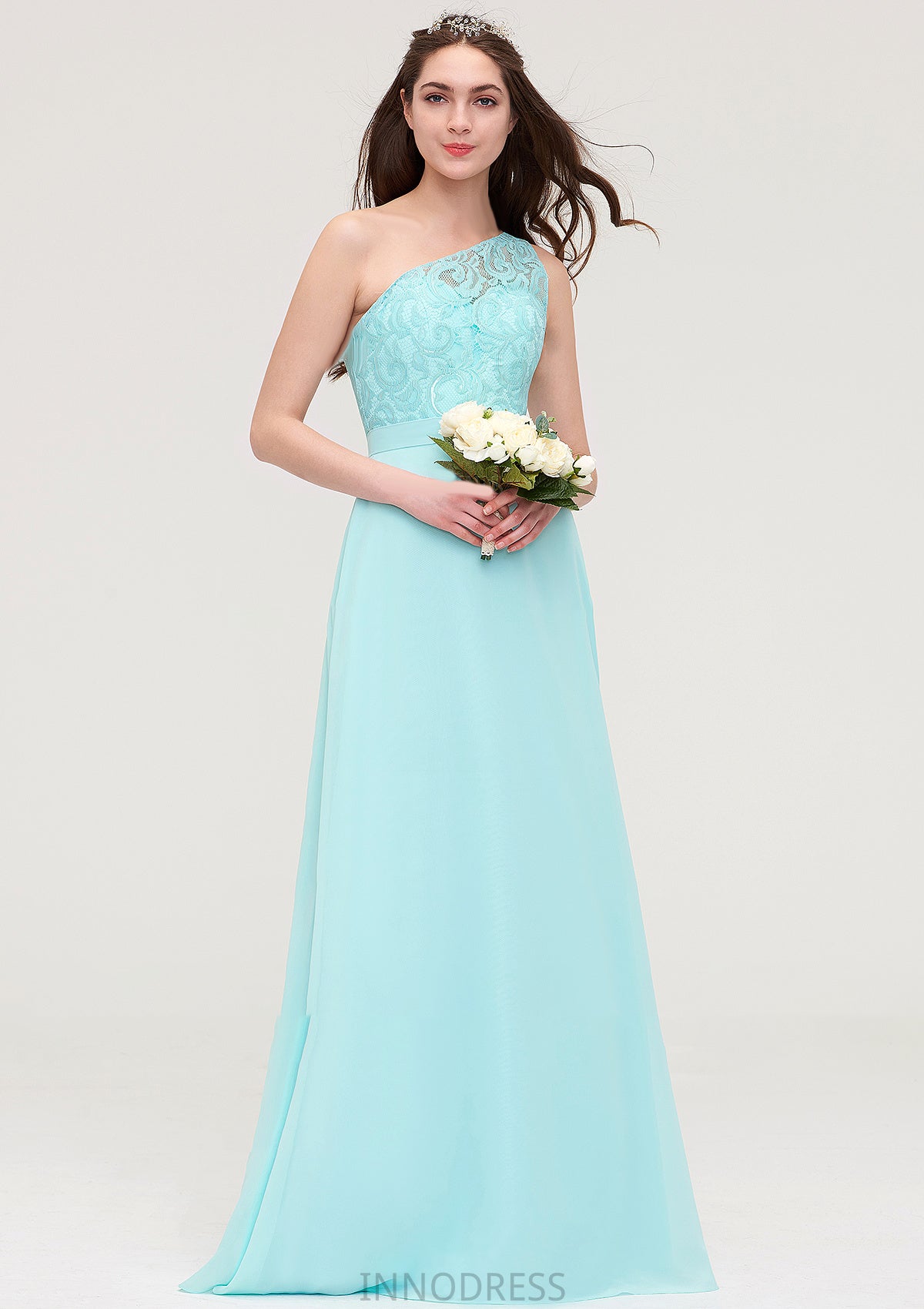 One-Shoulder Sleeveless Long/Floor-Length Chiffon A-line/Princess Bridesmaid Dresses With Lace Tiana DPP0025491