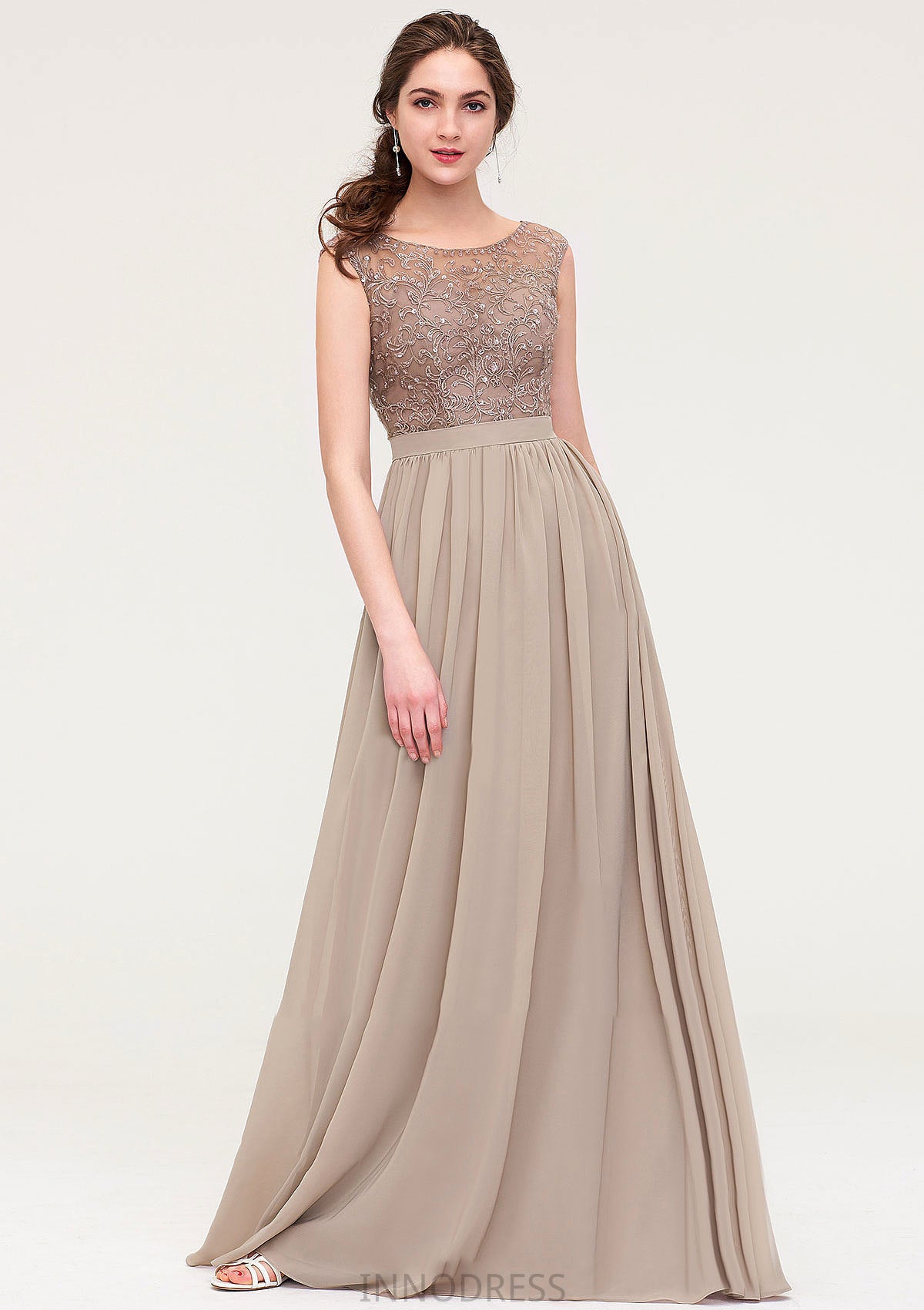 Sleeveless Scoop Neck Long/Floor-Length Chiffon A-line/Princess Bridesmaid Dresses With Sequins Beading Lace Pleated Kenzie DPP0025493