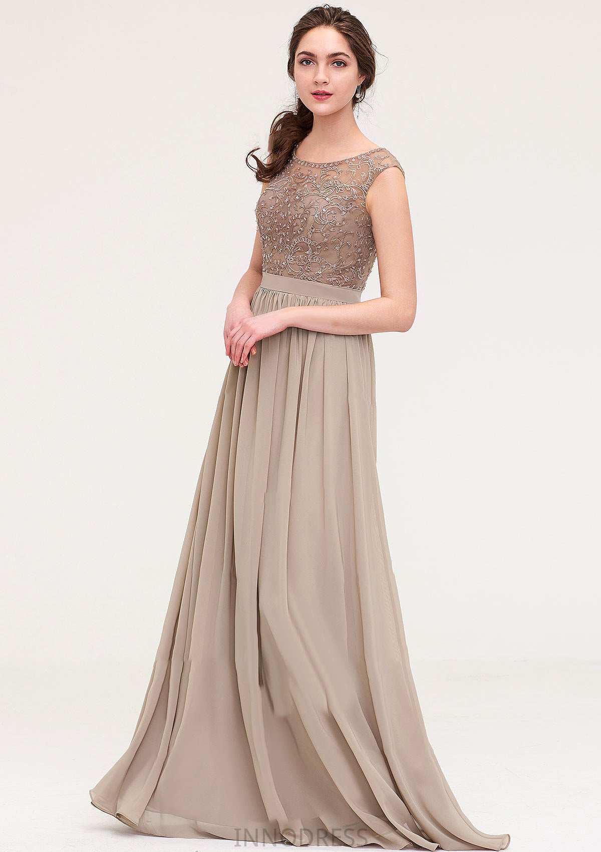 Sleeveless Scoop Neck Long/Floor-Length Chiffon A-line/Princess Bridesmaid Dresses With Sequins Beading Lace Pleated Kenzie DPP0025493