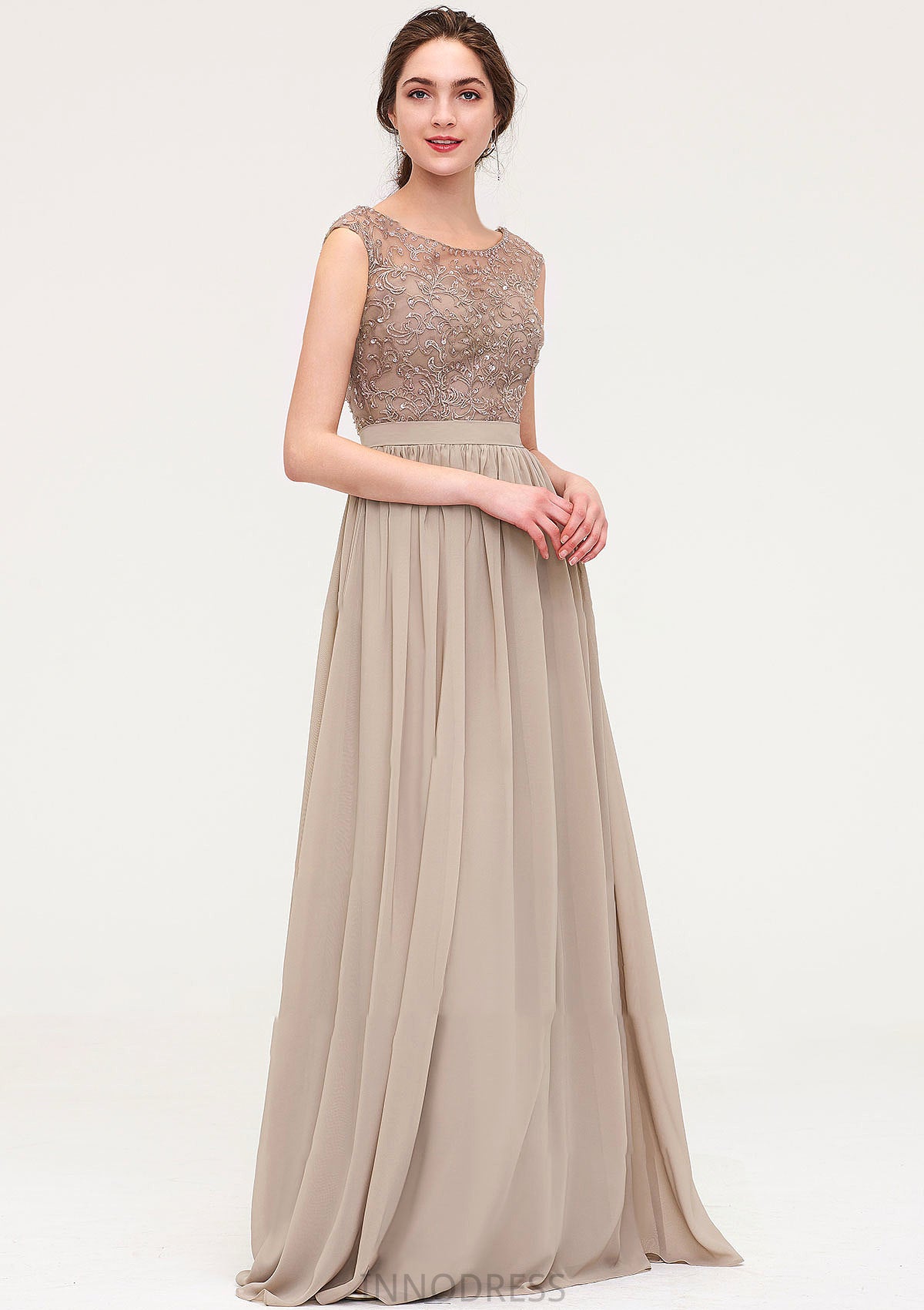 Sleeveless Scoop Neck Long/Floor-Length Chiffon A-line/Princess Bridesmaid Dresses With Sequins Beading Lace Pleated Kenzie DPP0025493