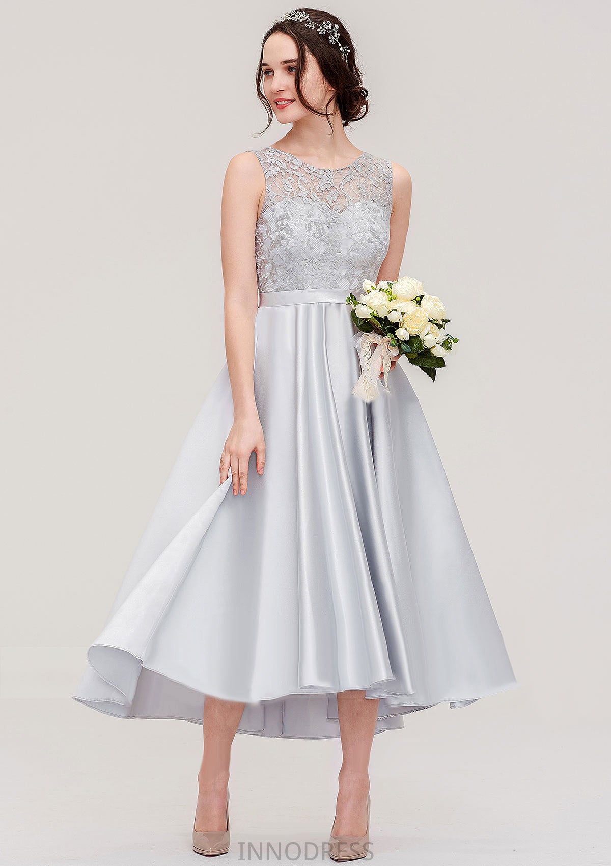 Bateau Sleeveless Tea-Length Satin A-line/Princess Bridesmaid Dresses With Sashes Lace Muriel DPP0025495