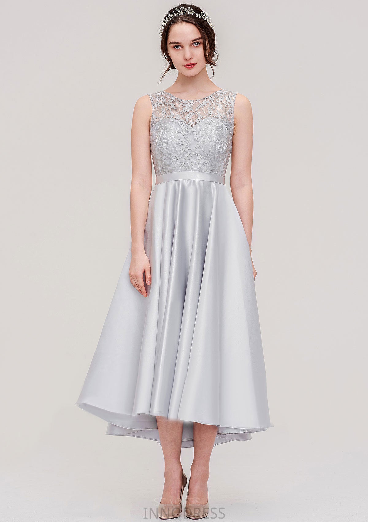 Bateau Sleeveless Tea-Length Satin A-line/Princess Bridesmaid Dresses With Sashes Lace Muriel DPP0025495