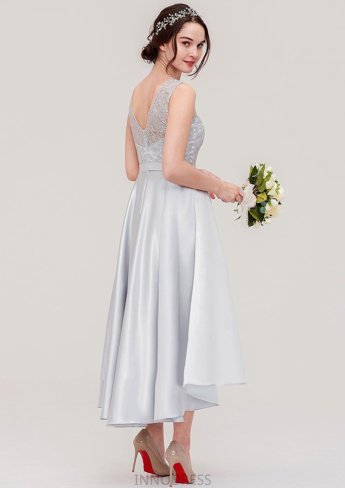 Bateau Sleeveless Tea-Length Satin A-line/Princess Bridesmaid Dresses With Sashes Lace Muriel DPP0025495