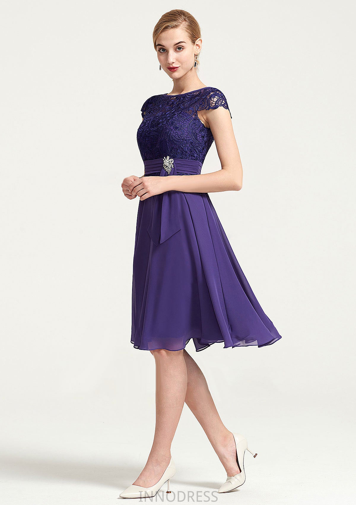 Sleeveless Bateau Knee-Length A-line/Princess Chiffon Bridesmaid Dresses With Rhinestone Appliqued Sashes Mignon DPP0025496