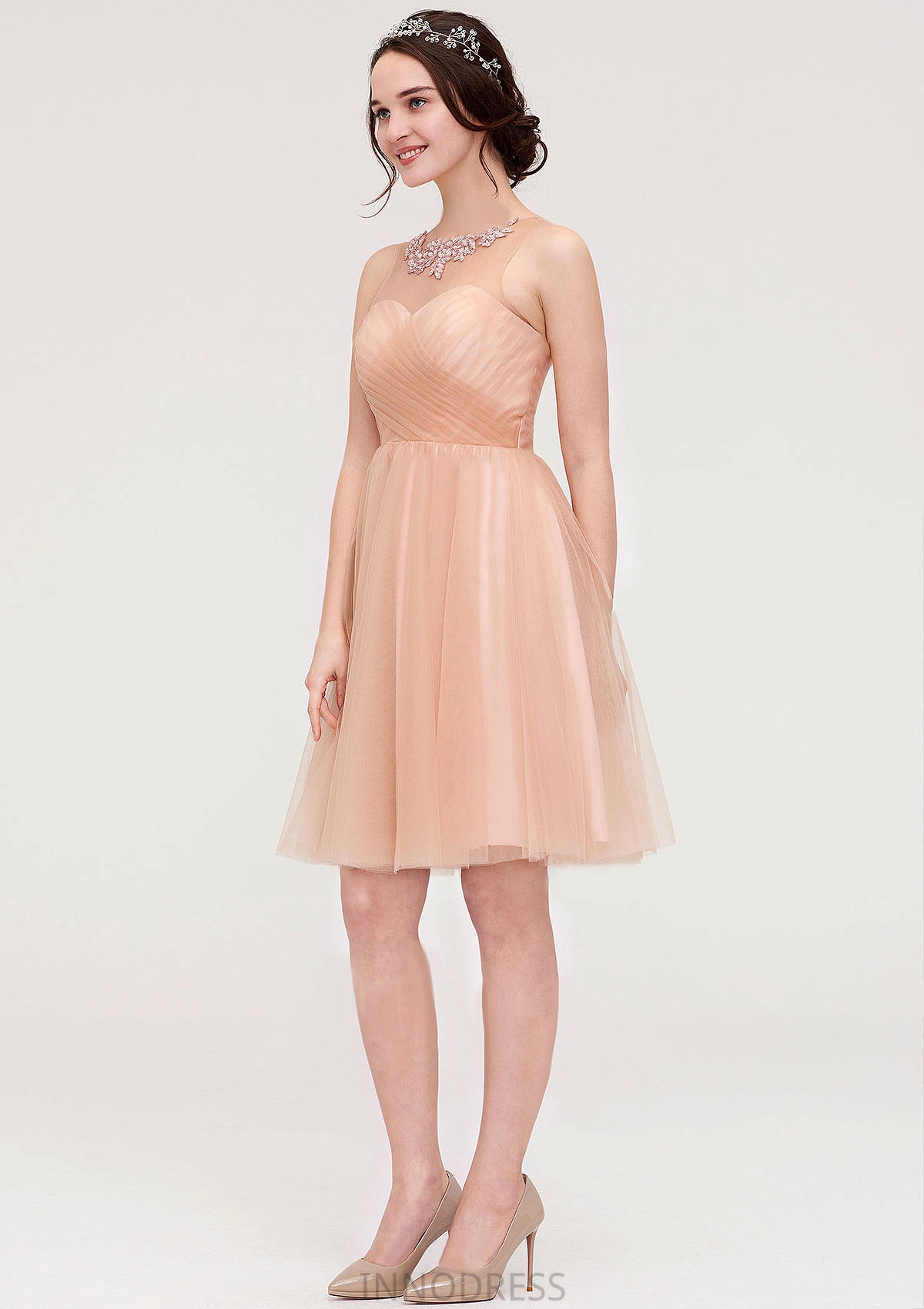 Bateau Sleeveless A-line/Princess Tulle Knee-Length Bridesmaid Dresses With Pleated Beading Damaris DPP0025498