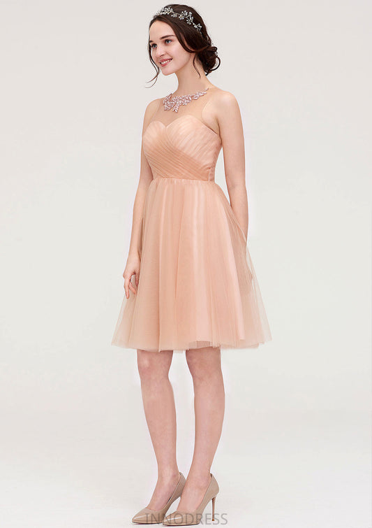 Bateau Sleeveless A-line/Princess Tulle Knee-Length Bridesmaid Dresses With Pleated Beading Damaris DPP0025498