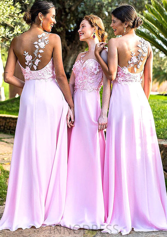 Sleeveless One-Shoulder Sweep Train A-line/Princess Chiffon Bridesmaid Dresseses With Appliqued Madison DPP0025506