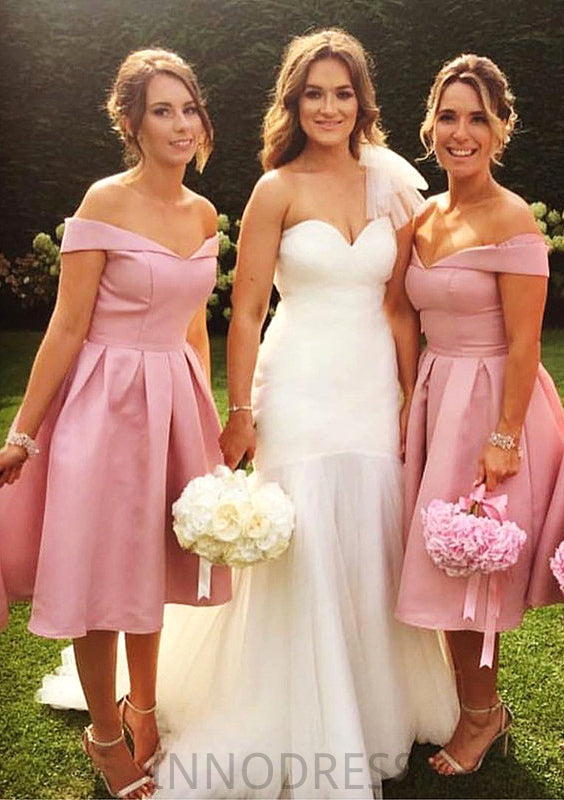 Sleeveless Off-the-Shoulder Tea-Length A-line/Princess Satin Bridesmaid Dresseses With Pleated Mavis DPP0025508