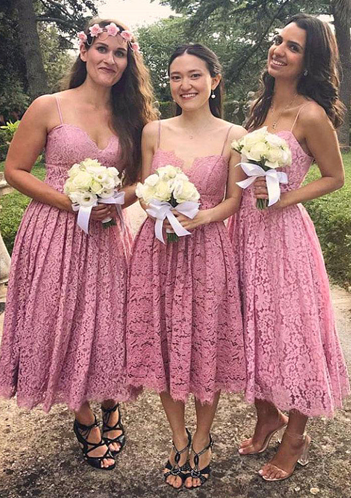 Sleeveless Sweetheart Tea-Length A-line/Princess Lace Bridesmaid Dresseses With Pleated Trudie DPP0025518