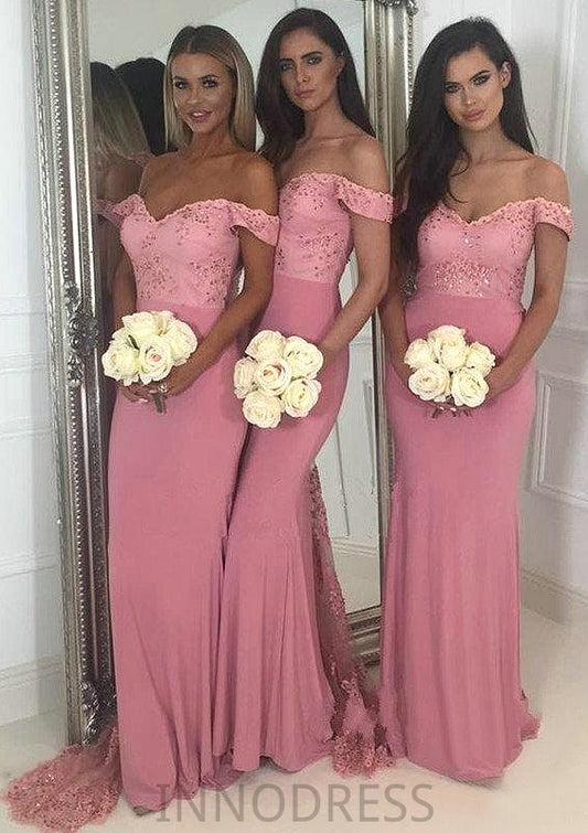 Sleeveless Off-the-Shoulder Sweep Train Sheath/Column Jersey Bridesmaid Dresseses With Lace Beading Lilly DPP0025519