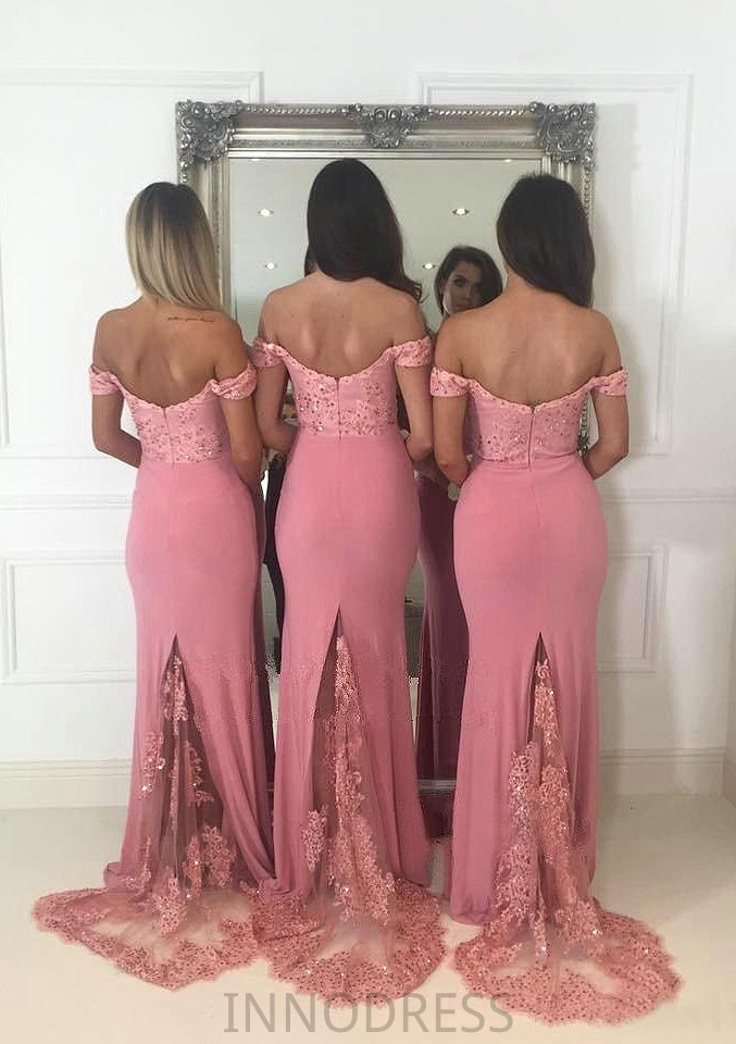 Sleeveless Off-the-Shoulder Sweep Train Sheath/Column Jersey Bridesmaid Dresseses With Lace Beading Lilly DPP0025519