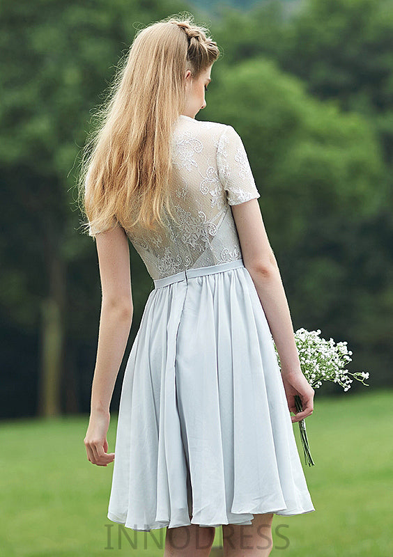 Short/Mini Scalloped Neck Short Sleeve Chiffon A-line/Princess Bridesmaid Dresseses With Lace Alani DPP0025520