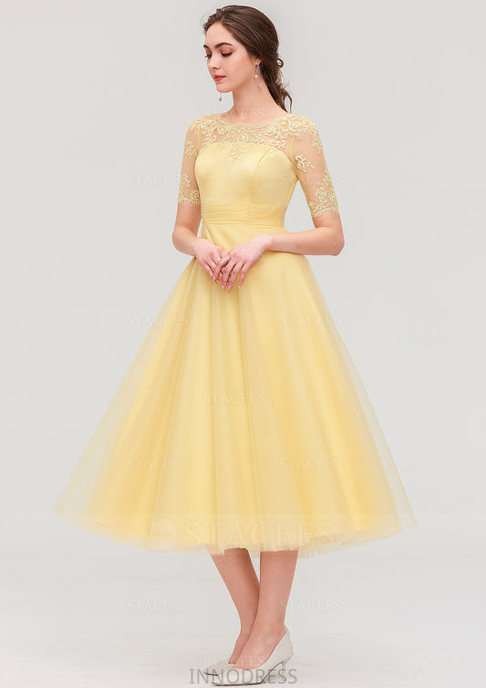 Bateau Short Sleeve A-line/Princess Tulle Tea-Length  Bridesmaid Dresses With Pleated Lace Everly DPP0025522