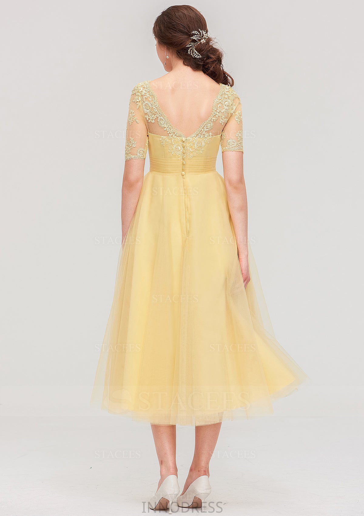 Bateau Short Sleeve A-line/Princess Tulle Tea-Length  Bridesmaid Dresses With Pleated Lace Everly DPP0025522