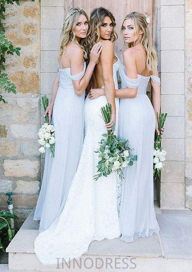 Off-The-Shoulder A-Line/Princess Long/Floor-Length Chiffon Bridesmaid Dresses With Pleated Madalyn DPP0025534