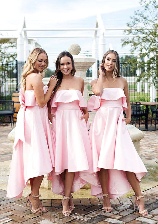 Sleeveless Strapless Asymmetrical A-line/Princess Satin Bridesmaid Dresseses With Bowknot Ruffles Victoria DPP0025539