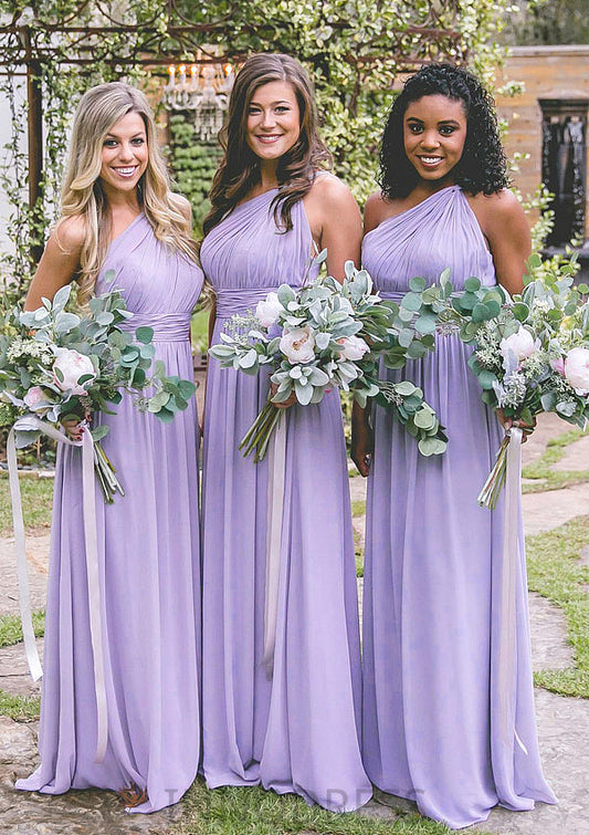 One-Shoulder A-Line/Princess Long/Floor-Length Chiffon Bridesmaid Dresses With Pleated Kailyn DPP0025544