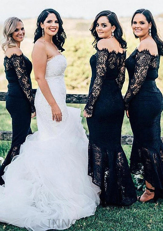 Off-the-Shoulder Full/Long Sleeve Asymmetrical Trumpet/Mermaid Lace Bridesmaid Dresseses Sydnee DPP0025566