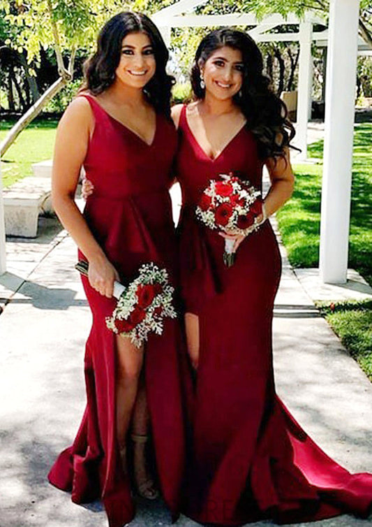 Sleeveless V Neck Court Train Sheath/Column Elastic Satin Bridesmaid Dresseses With Split Leanna DPP0025567