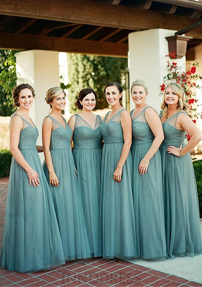 Sleeveless V Neck Tulle Long/Floor-Length A-line/Princess Bridesmaid Dresseses With Pleated Gabriella DPP0025578