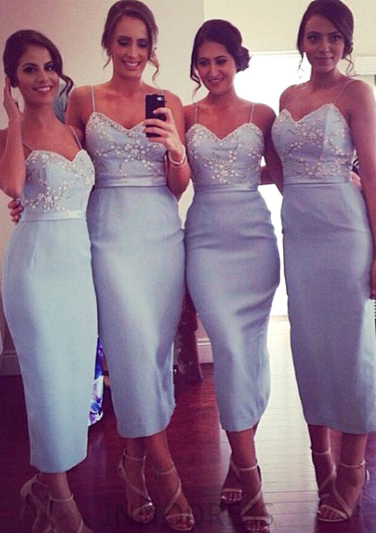 Sleeveless V Neck Tea-Length Sheath/Column Elastic Satin Bridesmaid Dresseses With Appliqued Stephanie DPP0025581