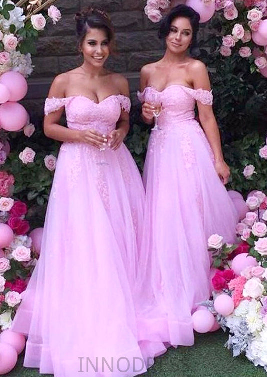 Sleeveless Off-the-Shoulder Long/Floor-Length Tulle A-line/Princess Bridesmaid Dresseses With Lace Joslyn DPP0025589