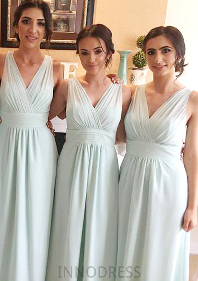 Sleeveless V Neck Long/Floor-Length Chiffon A-line/Princess Bridesmaid Dresseses With Pleated   Keyla DPP0025597