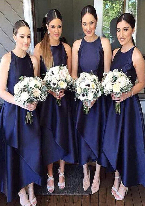 Scoop Neck Sleeveless Asymmetrical A-line/Princess Satin Bridesmaid Dresseses With Pleated Camryn DPP0025599