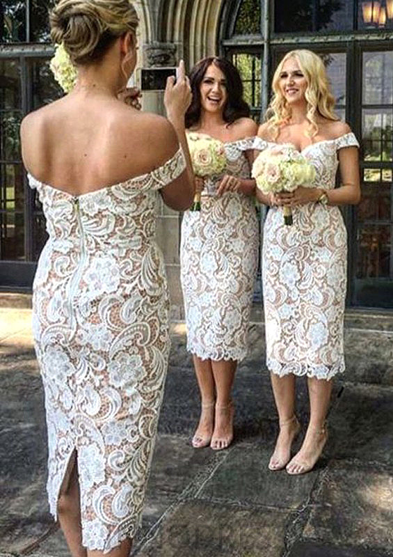 Sheath/Column Off-the-Shoulder Tea-Length Sheath/Column Lace Bridesmaid Dresseses With Split Brooke DPP0025601