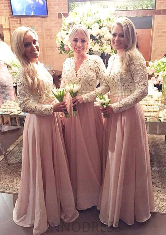 Full/Long Sleeve Scalloped Neck A-line/Princess Chiffon Long/Floor-Length Bridesmaid Dresseses With Beading Lace Izabelle DPP0025602