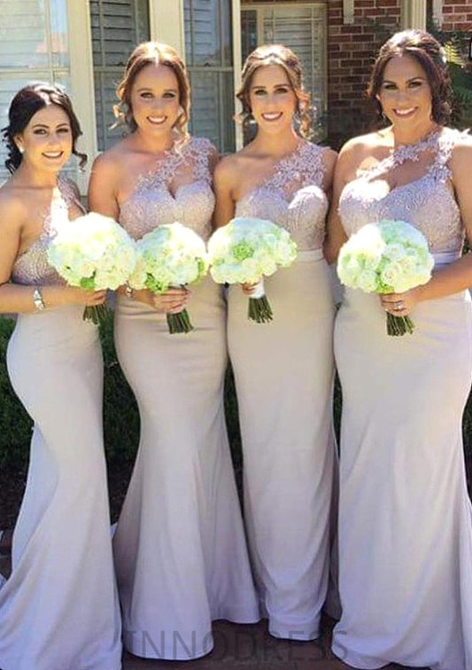 Sleeveless One-Shoulder Long/Floor-Length Trumpet/Mermaid Elastic Satin Bridesmaid Dresseses With Lace Mylee DPP0025605