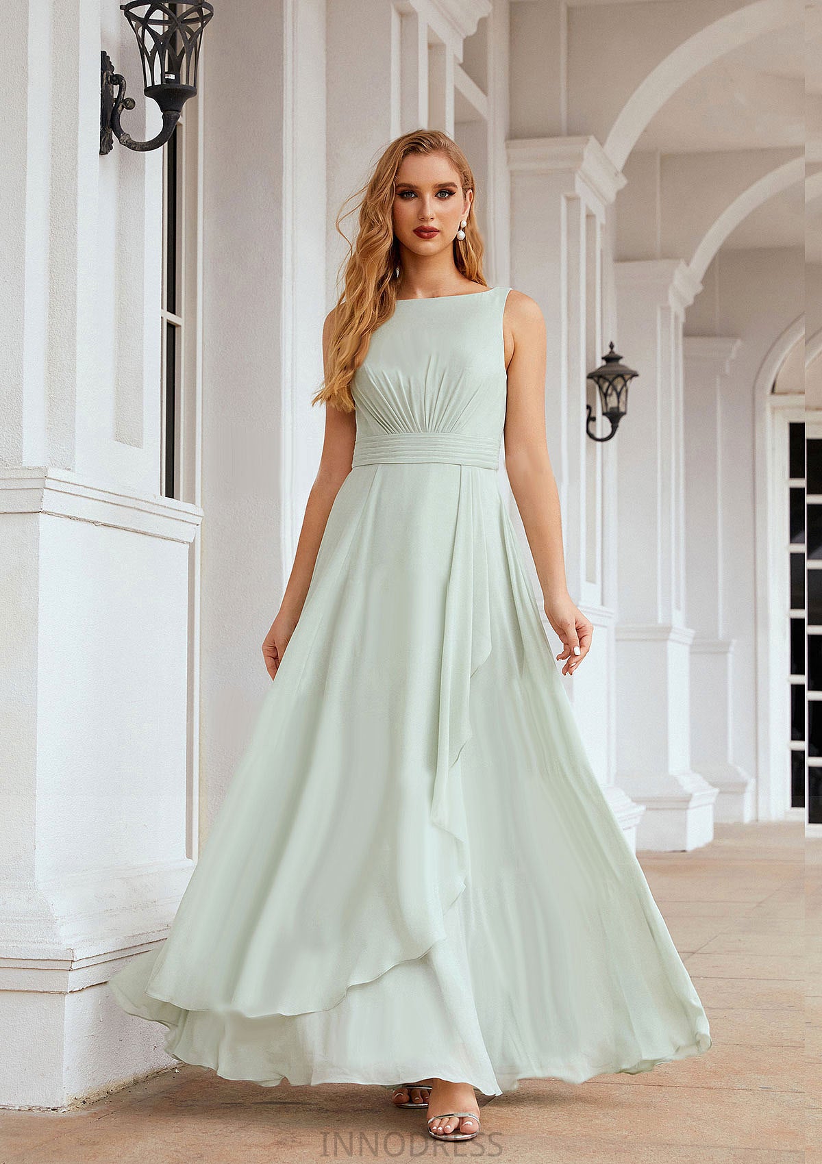 A-line Bateau Sleeveless Chiffon Long/Floor-Length Bridesmaid Dresses Ruffles Pleated Kaiya DPP0025608