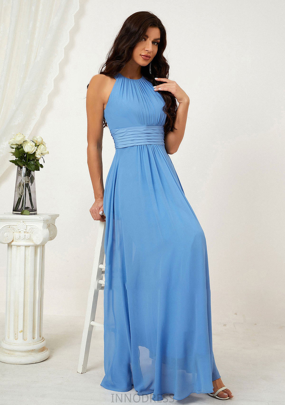 A-line Halter Sleeveless Chiffon Long/Floor-Length Bridesmaid Dresses With Pleated Aubrey DPP0025610