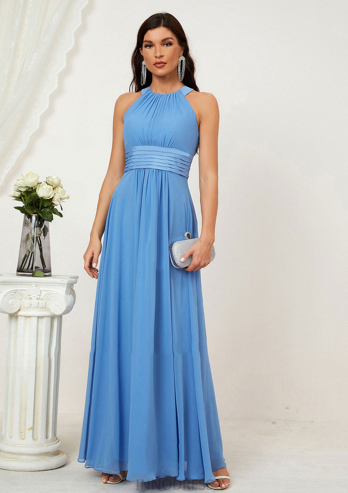 A-line Halter Sleeveless Chiffon Long/Floor-Length Bridesmaid Dresses With Pleated Aubrey DPP0025610