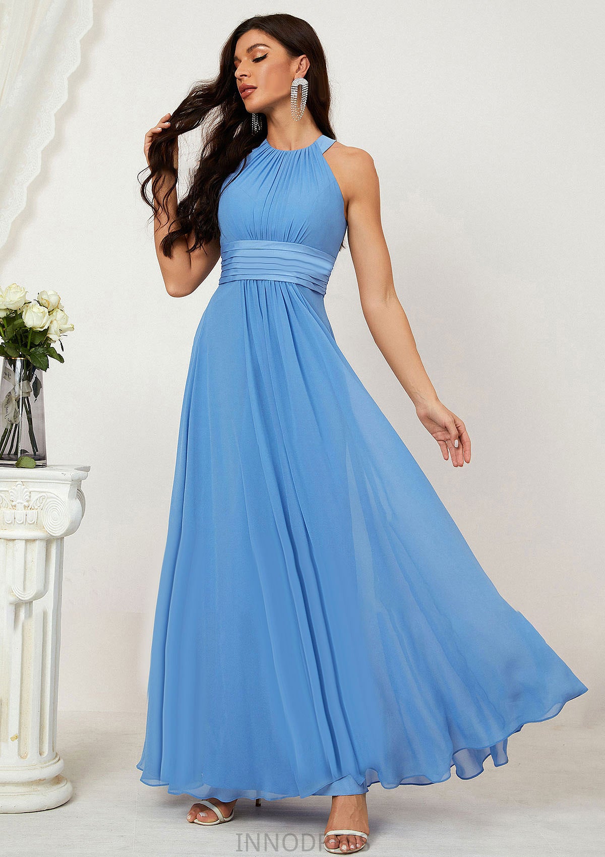 A-line Halter Sleeveless Chiffon Long/Floor-Length Bridesmaid Dresses With Pleated Aubrey DPP0025610