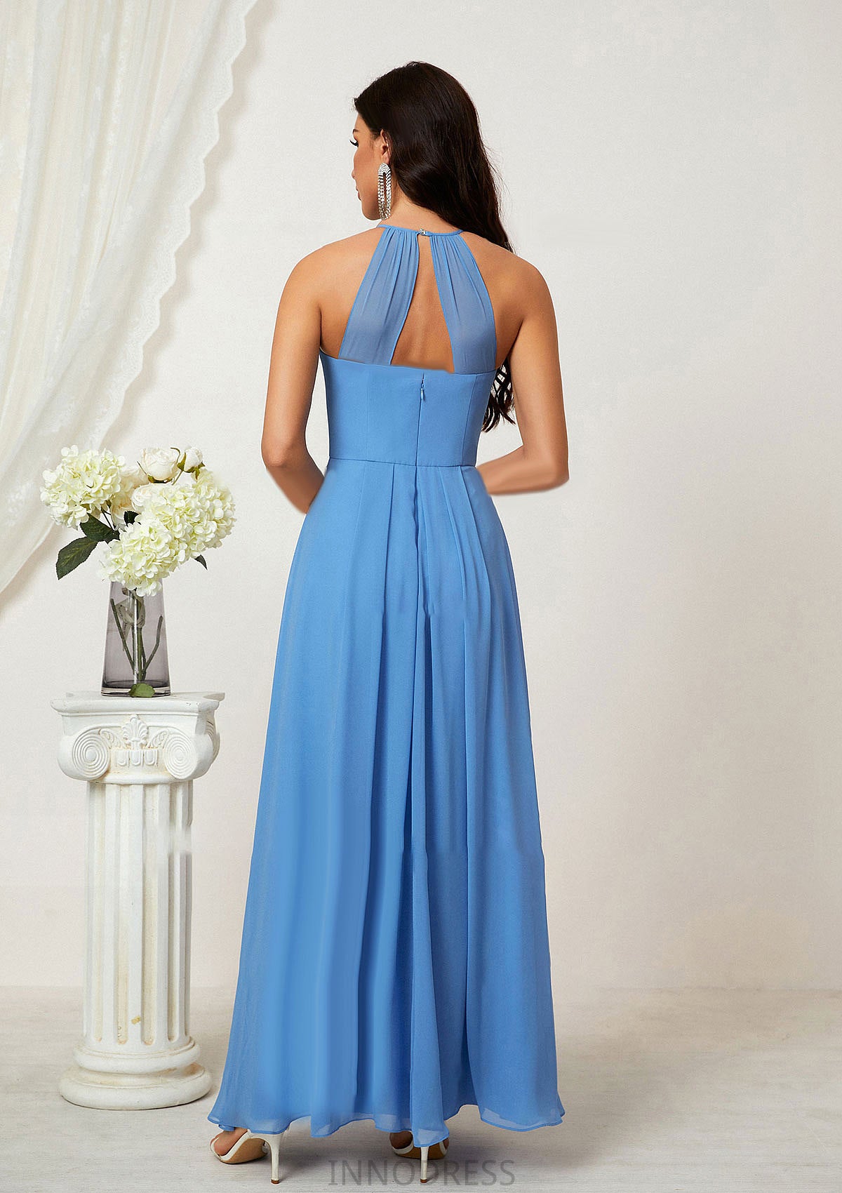 A-line Empire Halter Sleeveless Chiffon Long/Floor-Length Bridesmaid Dresses With Ruffles Mikayla DPP0025611